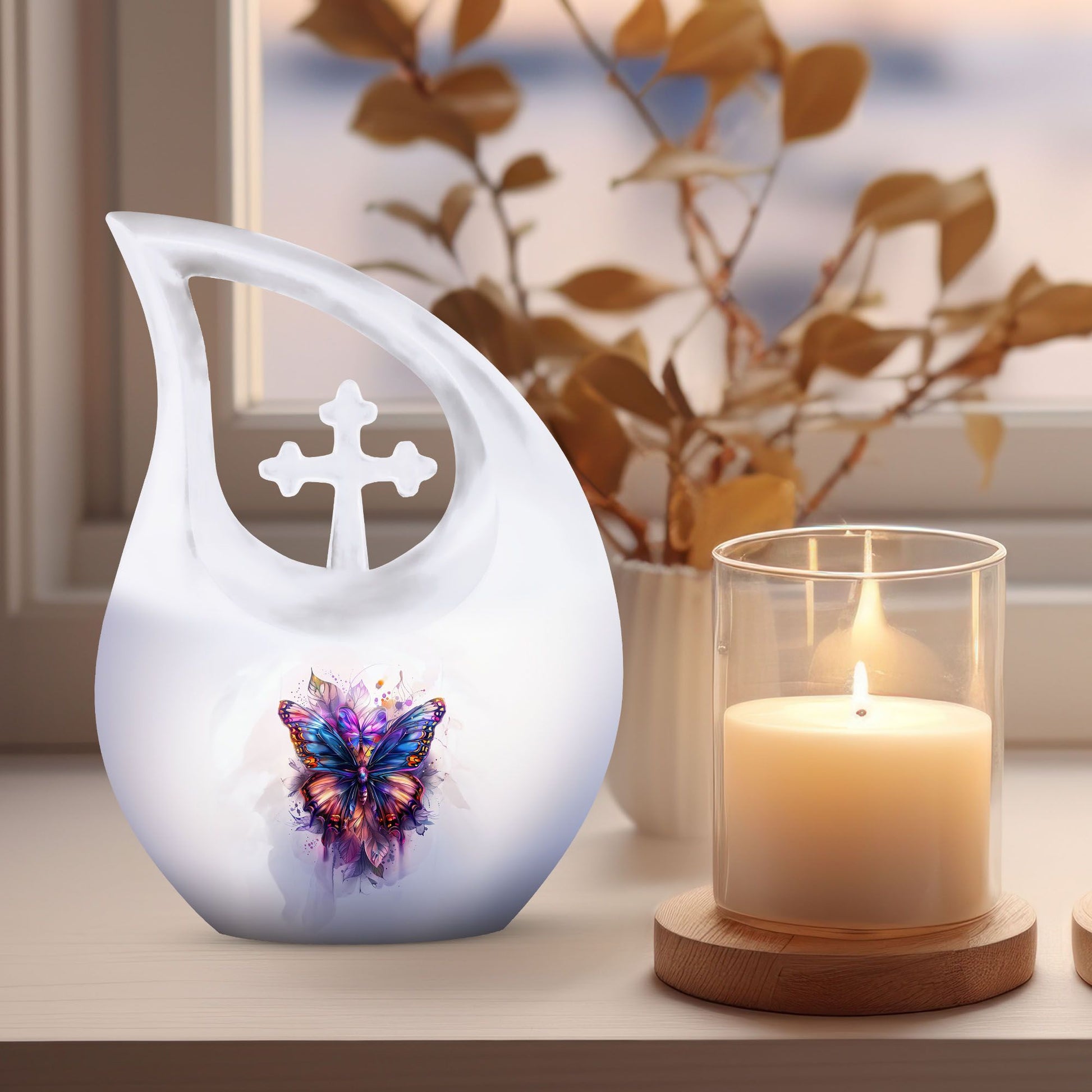 10-inch Large Butterfly Urn, Aluminum Cross Drop Design,