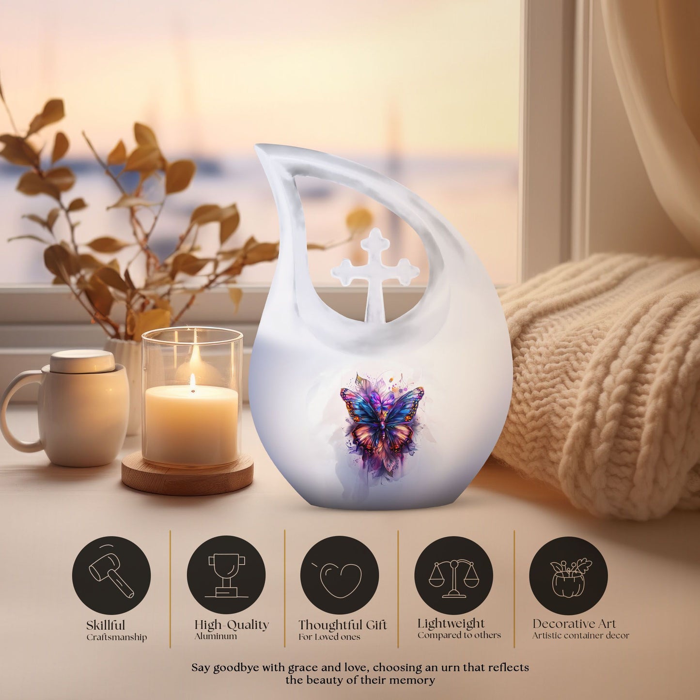10-inch Large Butterfly Urn, Aluminum Cross Drop Design,