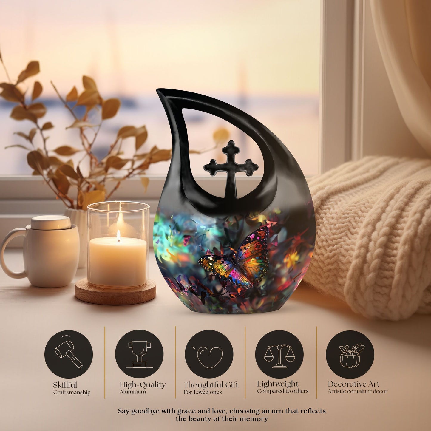 10-inch Butterfly themed Cross Drop design Urn