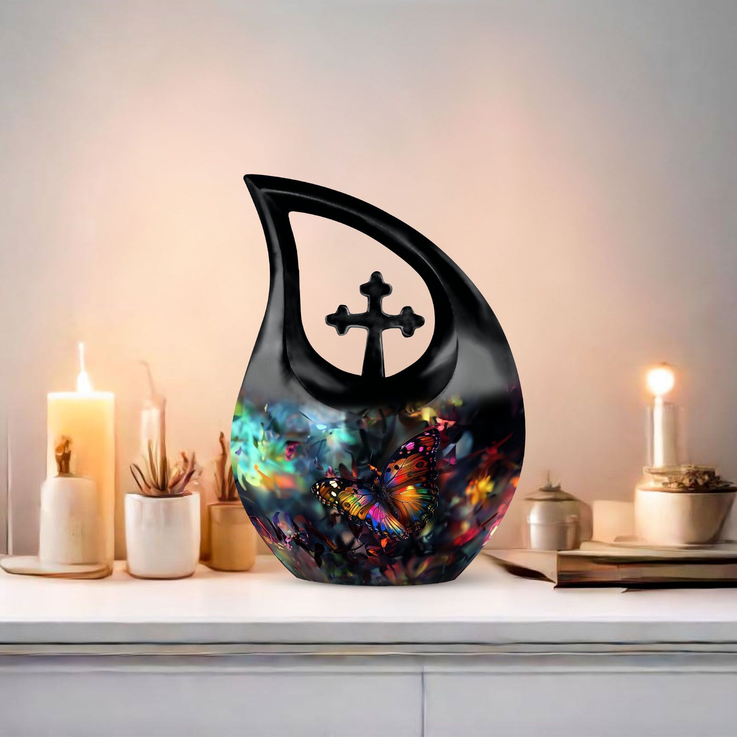 10-inch Butterfly themed Cross Drop design Urn