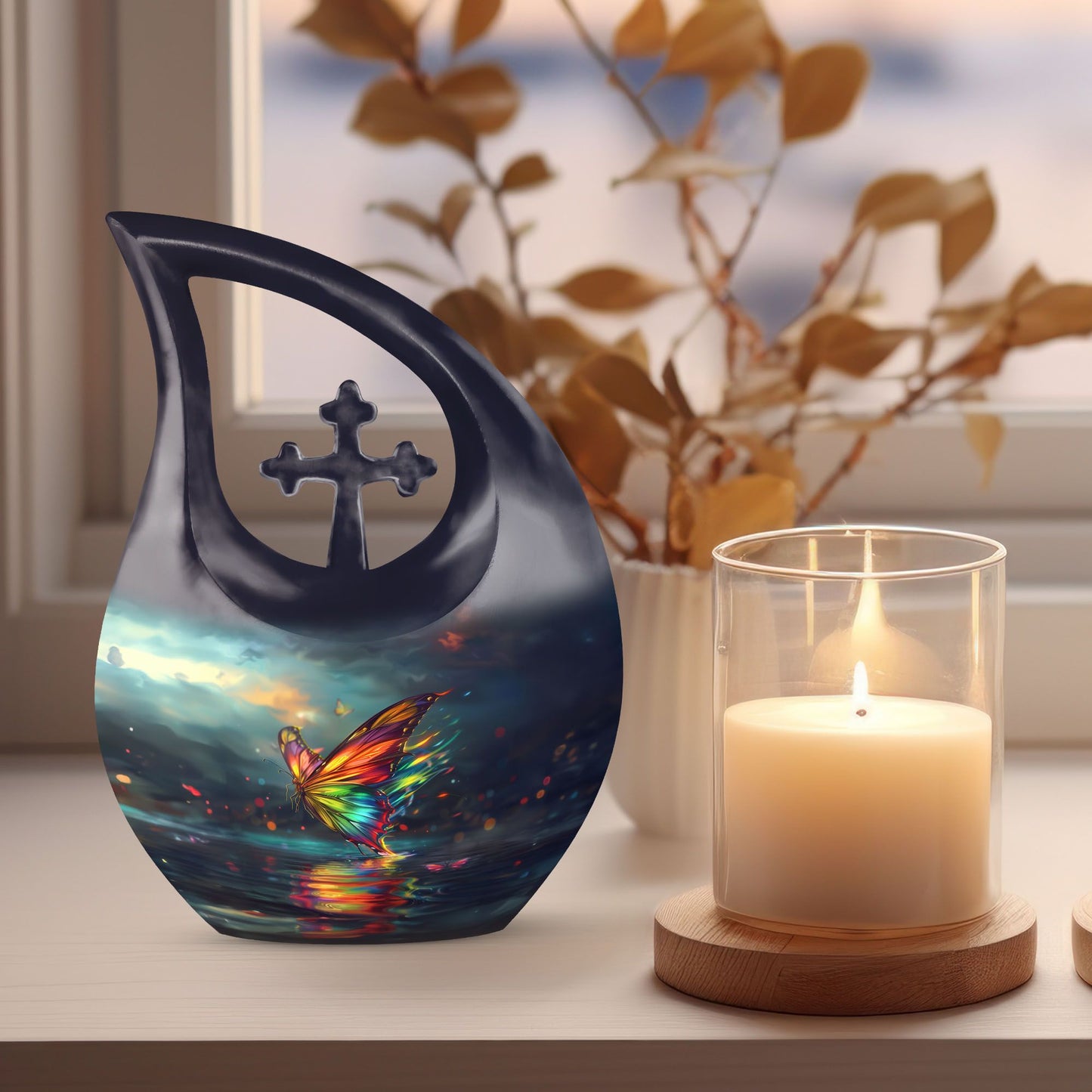 10-inch butterfly-themed Cross Drop urn