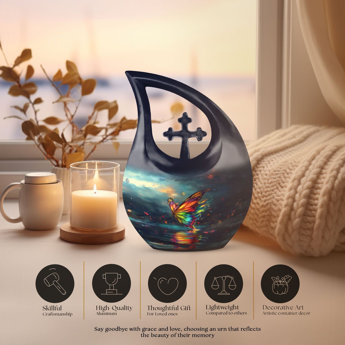 10-inch butterfly-themed Cross Drop urn