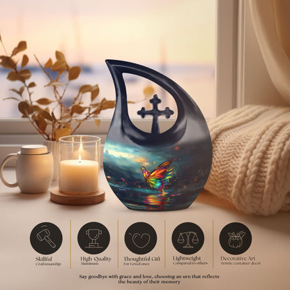 10-inch butterfly-themed Cross Drop urn