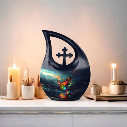 10-inch butterfly-themed Cross Drop urn