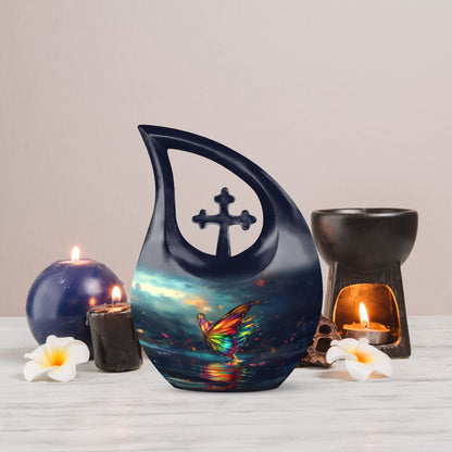 10-inch butterfly-themed Cross Drop urn