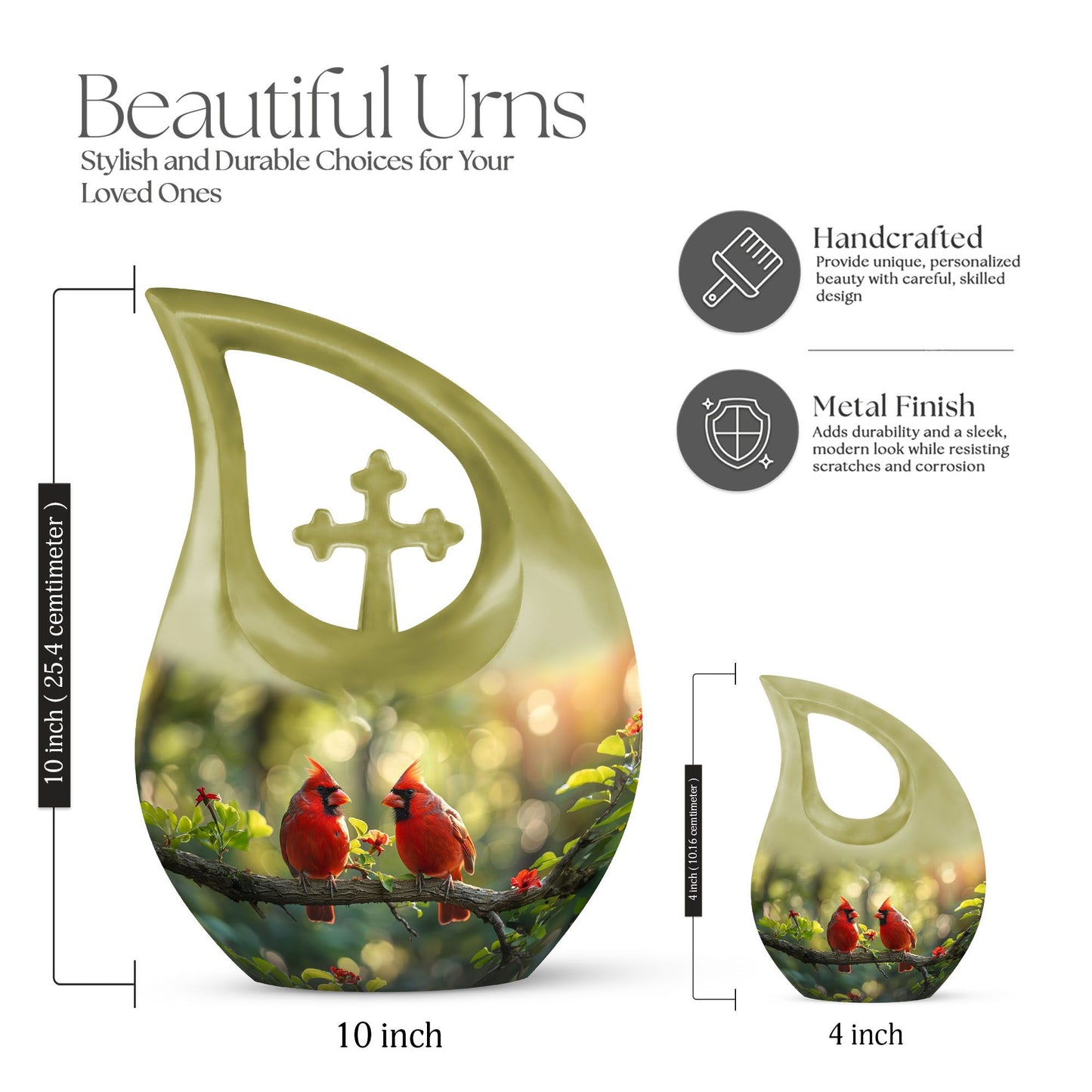 10-inch Cardinal Bird urn in a Cross Drop design