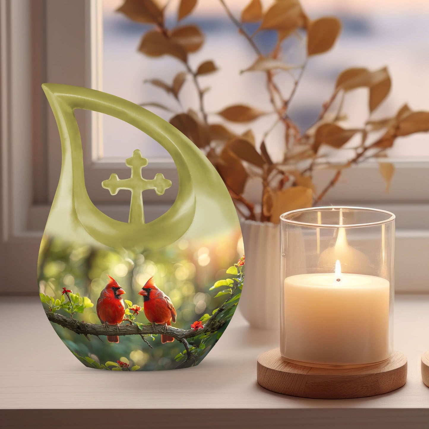 10-inch Cardinal Bird urn in a Cross Drop design