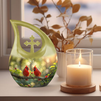 10-inch Cardinal Bird urn in a Cross Drop design
