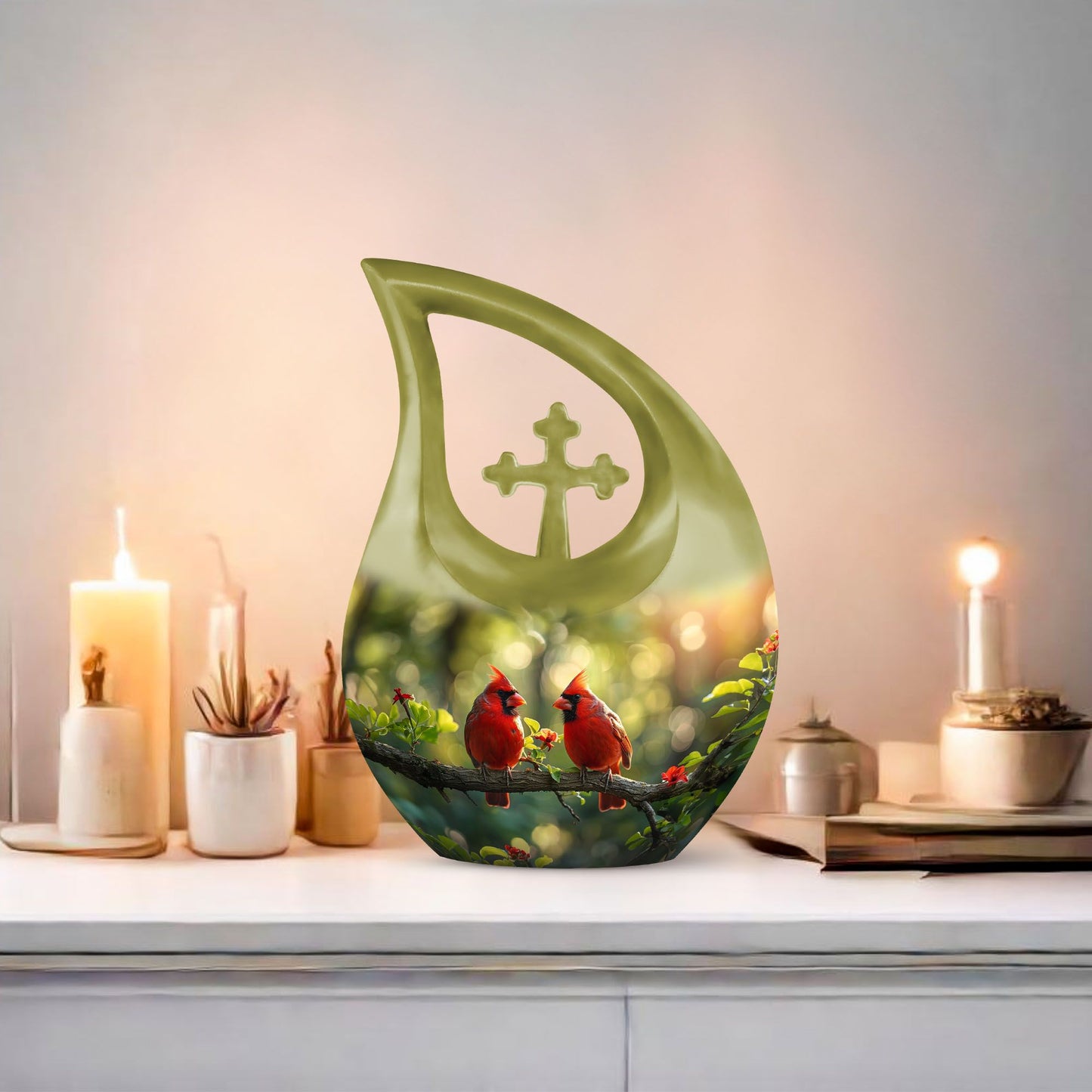 10-inch Cardinal Bird urn in a Cross Drop design