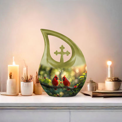 10-inch Cardinal Bird urn in a Cross Drop design