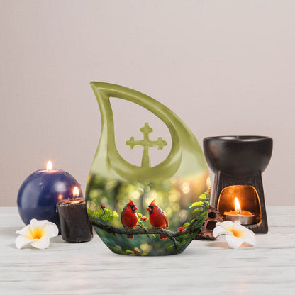 10-inch Cardinal Bird urn in a Cross Drop design