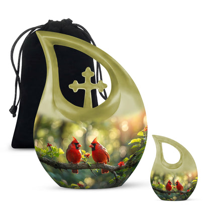 10-inch Cardinal Bird urn in a Cross Drop design