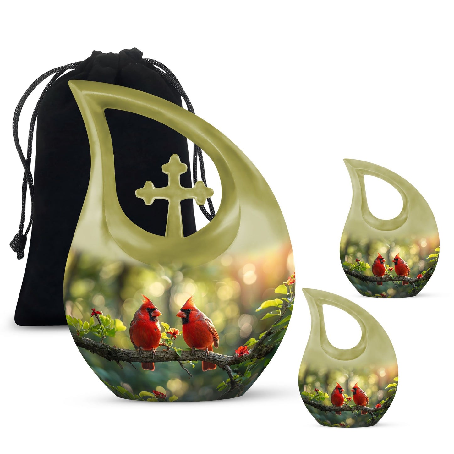 10-inch Cardinal Bird urn in a Cross Drop design