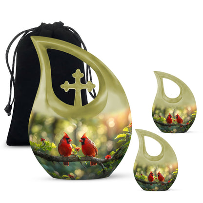 10-inch Cardinal Bird urn in a Cross Drop design
