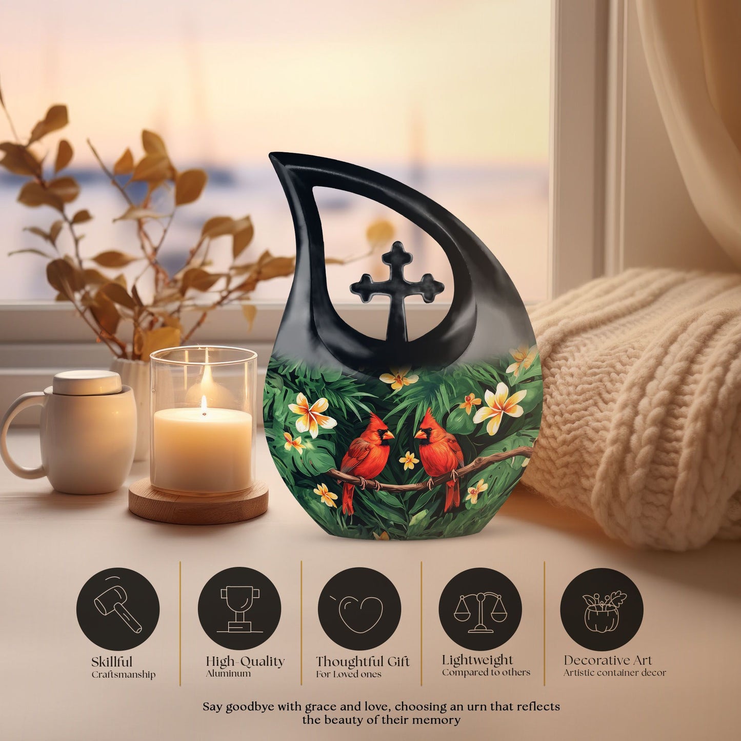 Customized Cardinal Bird Urn with Cross Drop Design 