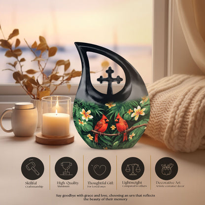 Customized Cardinal Bird Urn with Cross Drop Design 