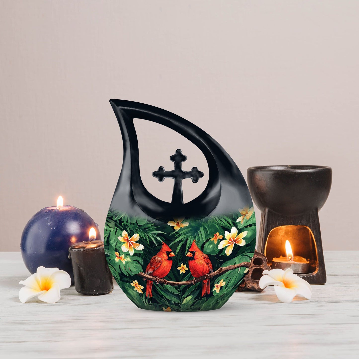 Customized Cardinal Bird Urn with Cross Drop Design 