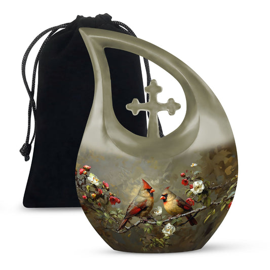 Cardinal Bird theme Cross Drop urn 