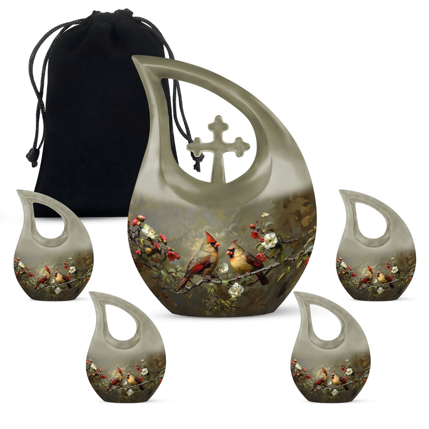 Cardinal Bird Theme Large Urn With 4 Keepsake Urn