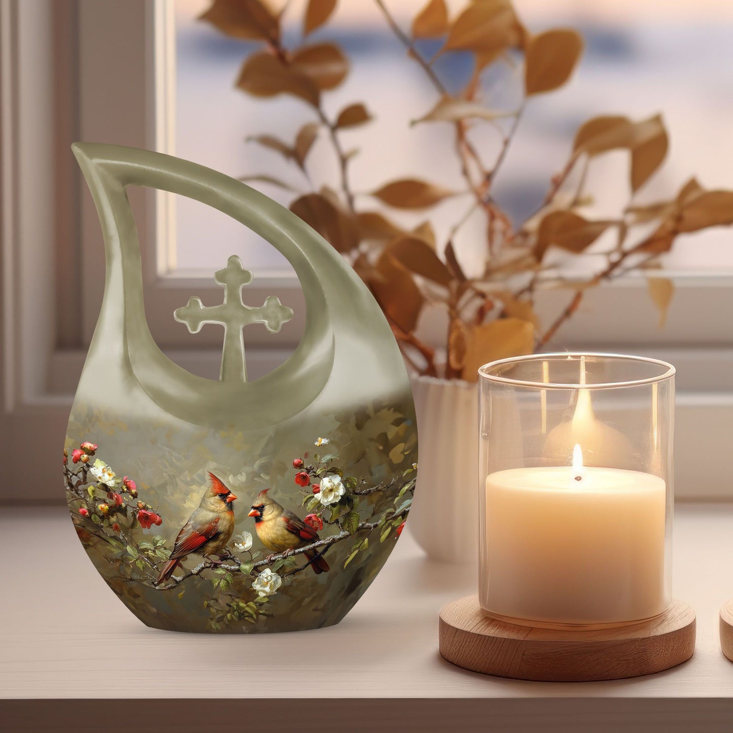 Cardinal Bird theme Cross Drop urn 