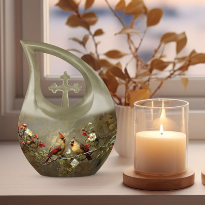 Cardinal Bird theme Cross Drop urn 