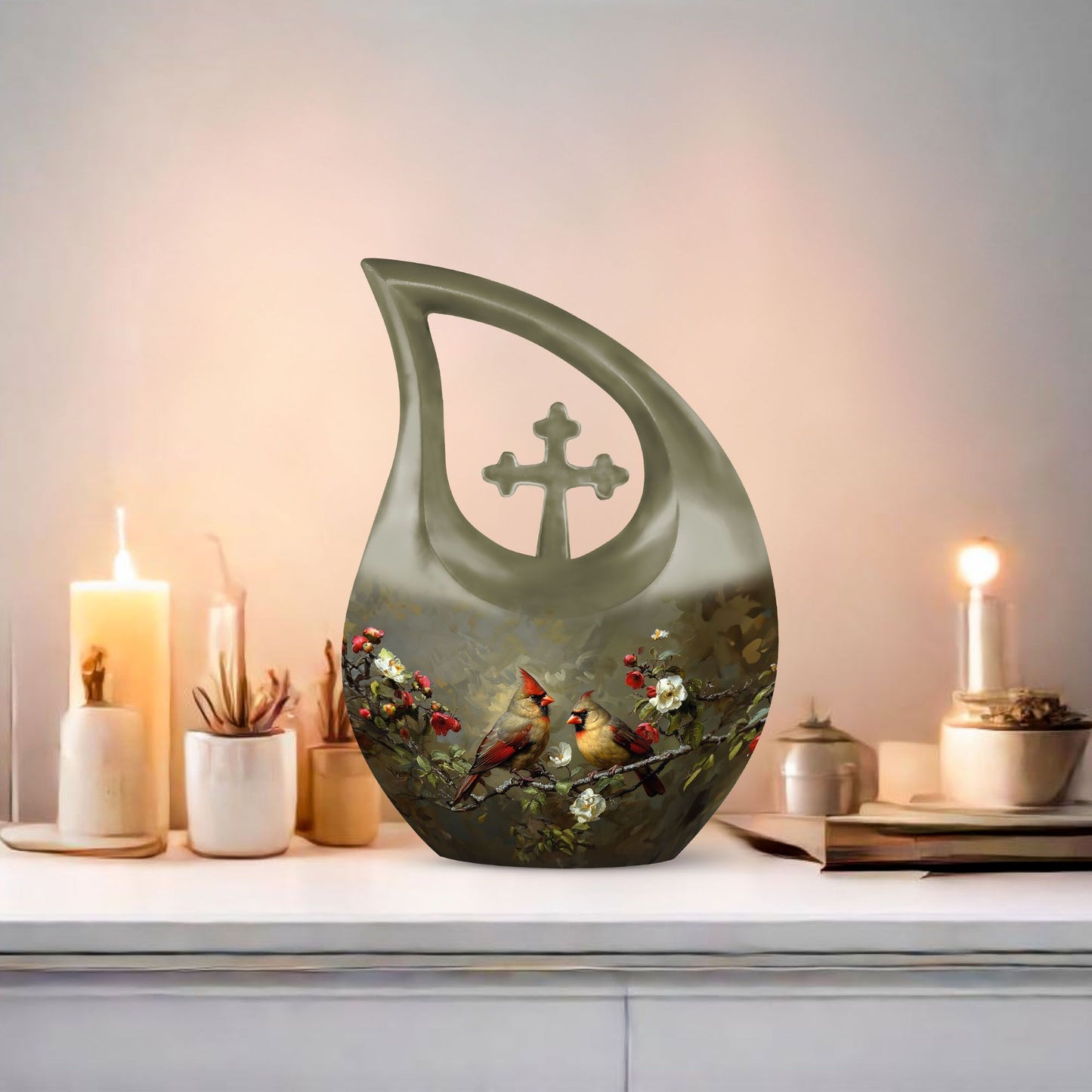 Cardinal Bird theme Cross Drop urn 