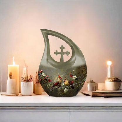 Cardinal Bird theme Cross Drop urn 