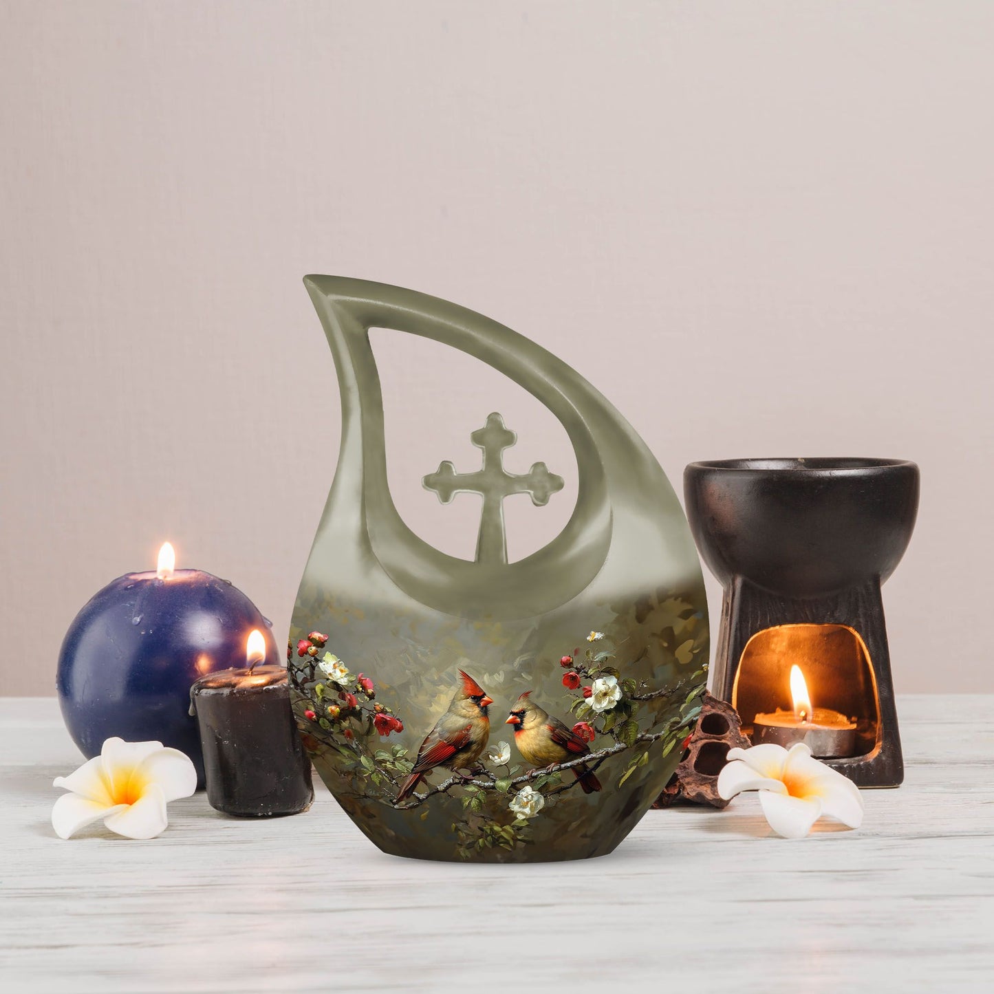 Cardinal Bird theme Cross Drop urn 