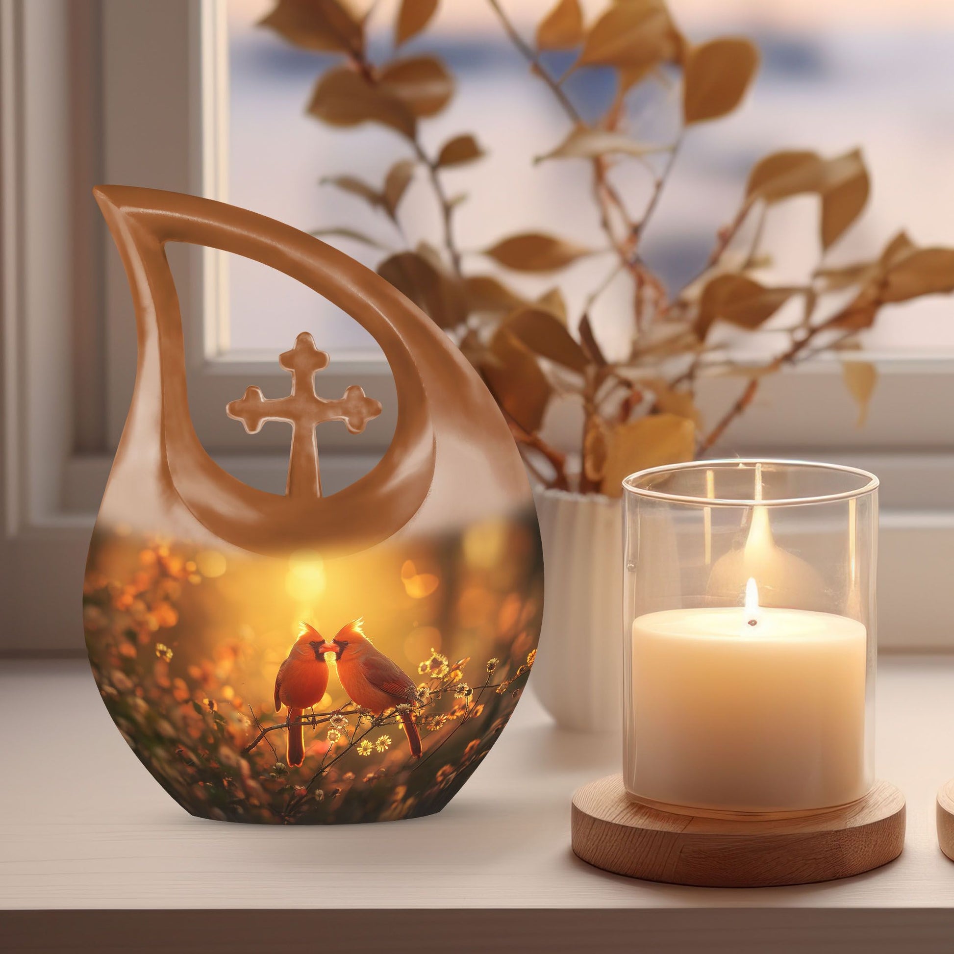 Cardinal Bird Cross Drop Design memorial urn