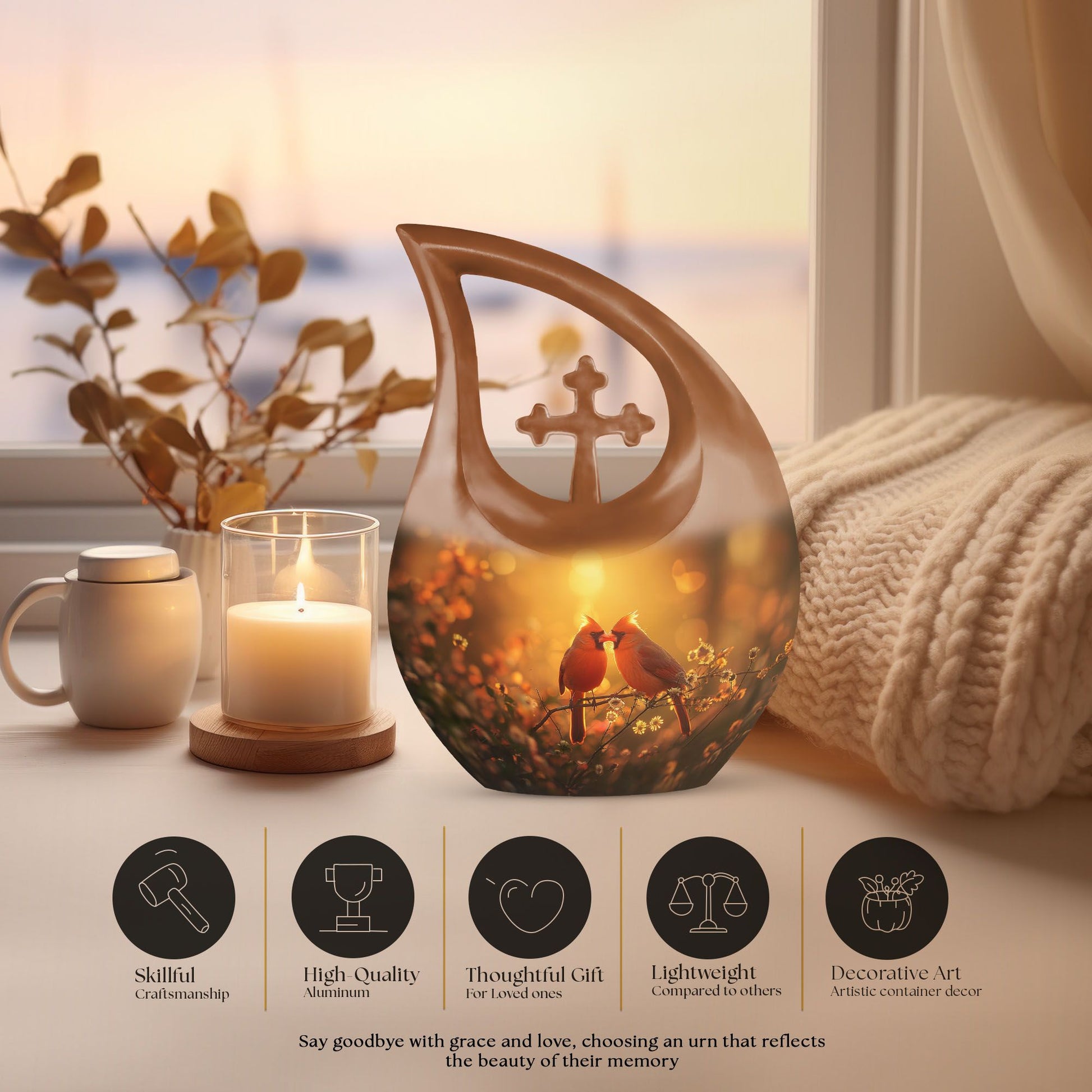 Cardinal Bird Cross Drop Design memorial urn