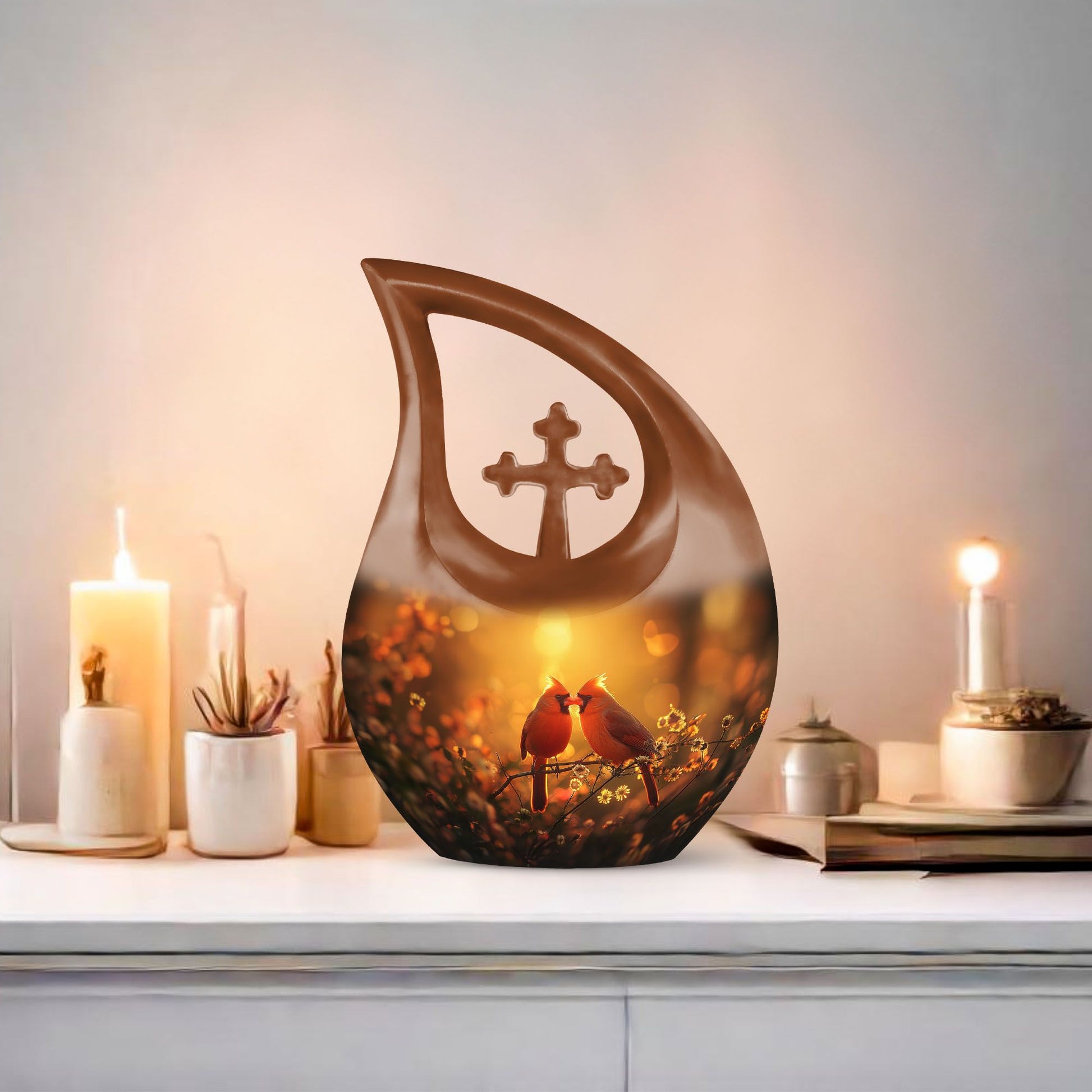 Cardinal Bird Cross Drop Design memorial urn