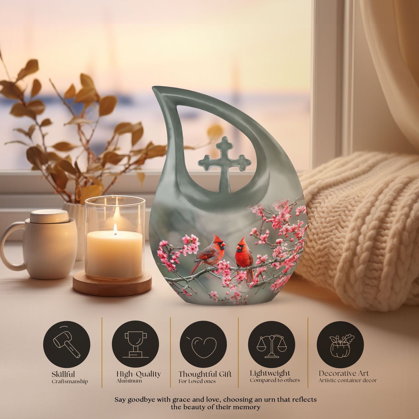 Medium-sized Cardinal Bird Urn with Cross Drop design, 