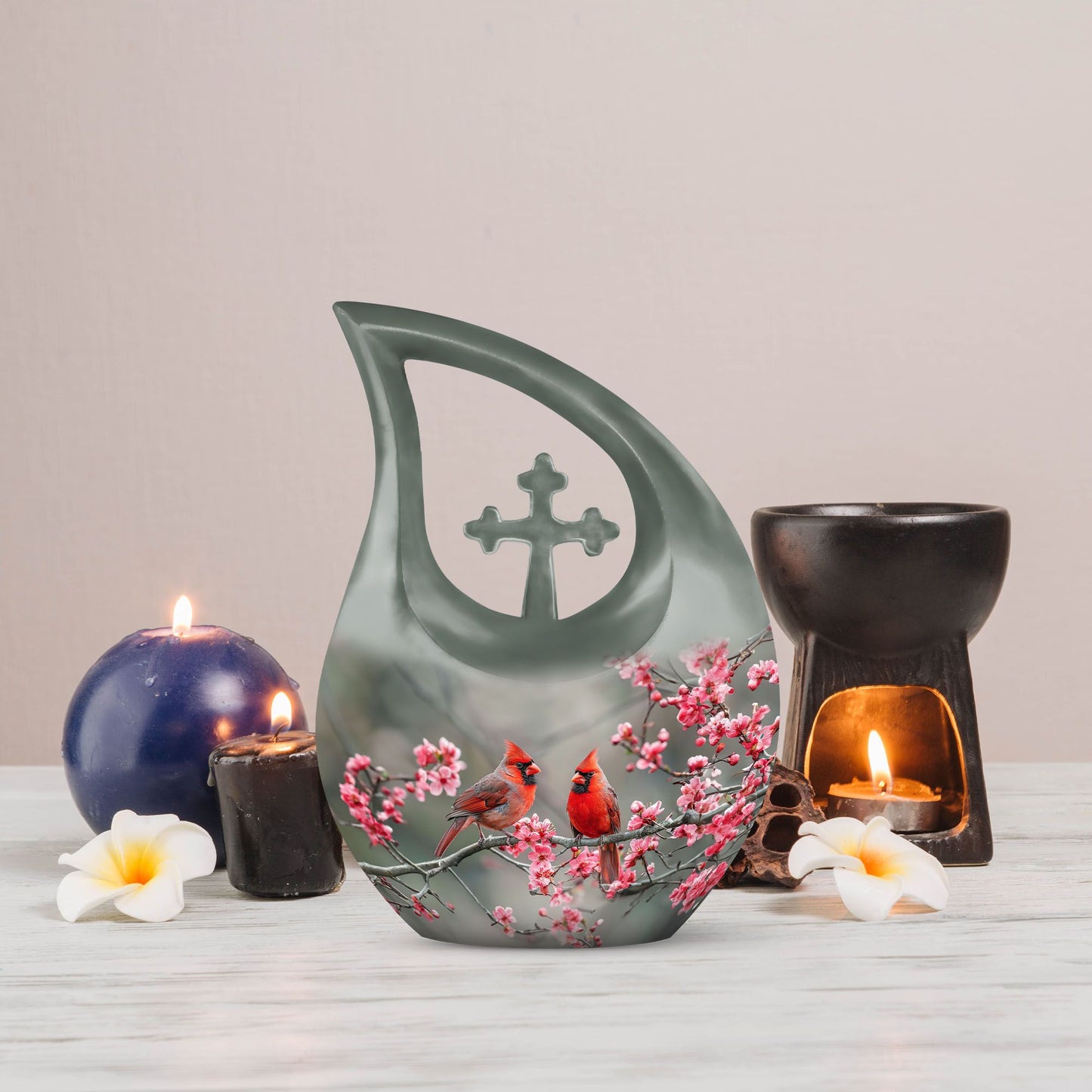 Medium-sized Cardinal Bird Urn with Cross Drop design, 