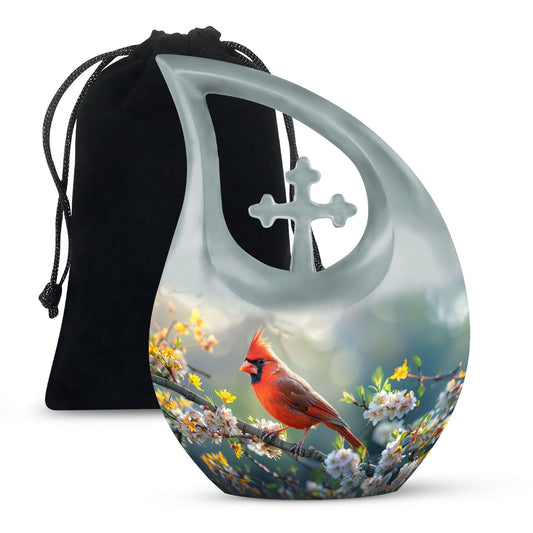 10-inch Cardinal Bird Themed Cross Drop Memorial Urn, 
