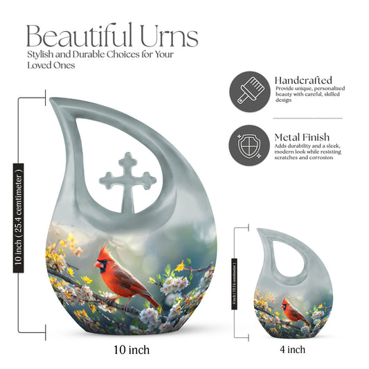 10-inch Cardinal Bird Themed Cross Drop Memorial Urn, 