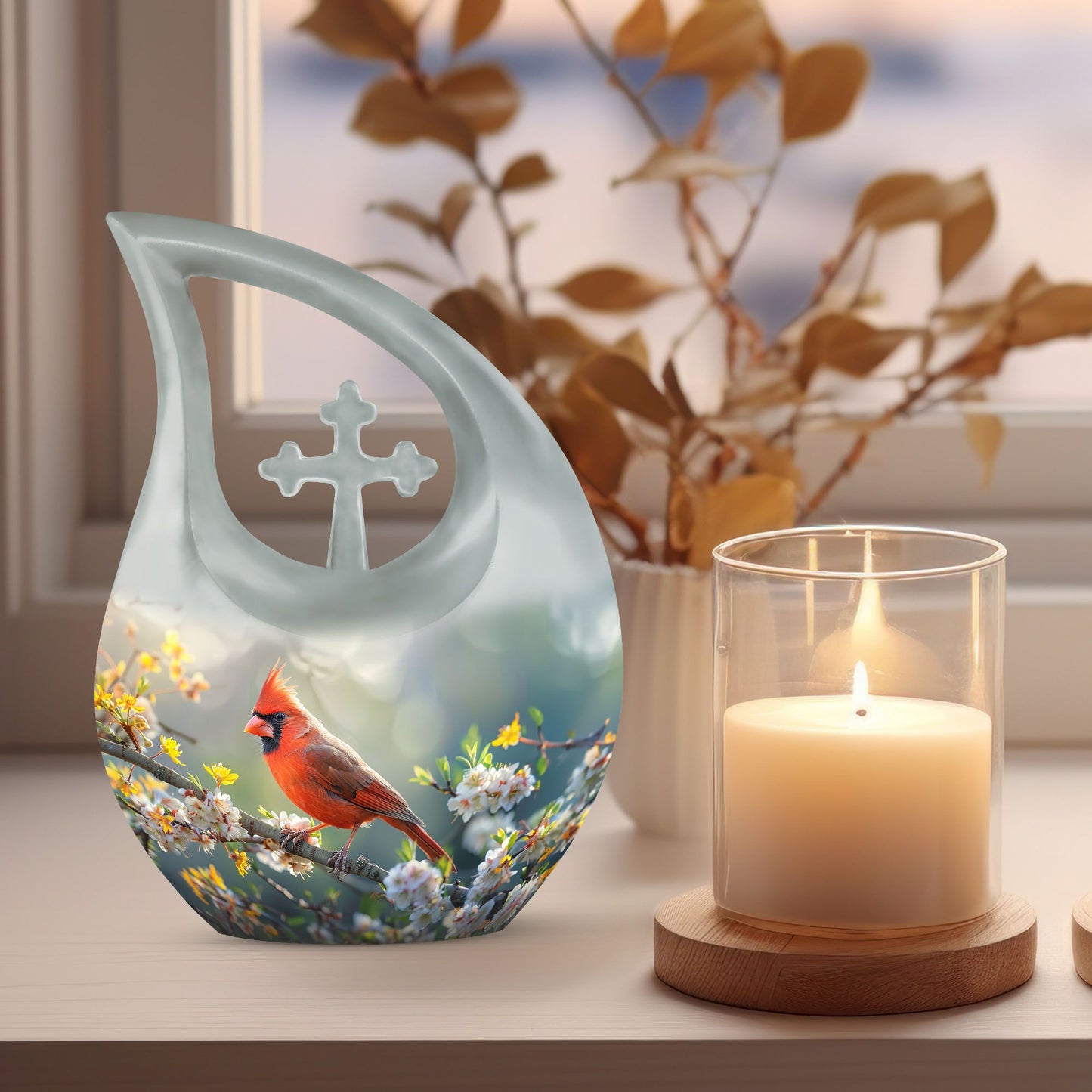10-inch Cardinal Bird Themed Cross Drop Memorial Urn, 