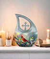 10-inch Cardinal Bird Themed Cross Drop Memorial Urn, 