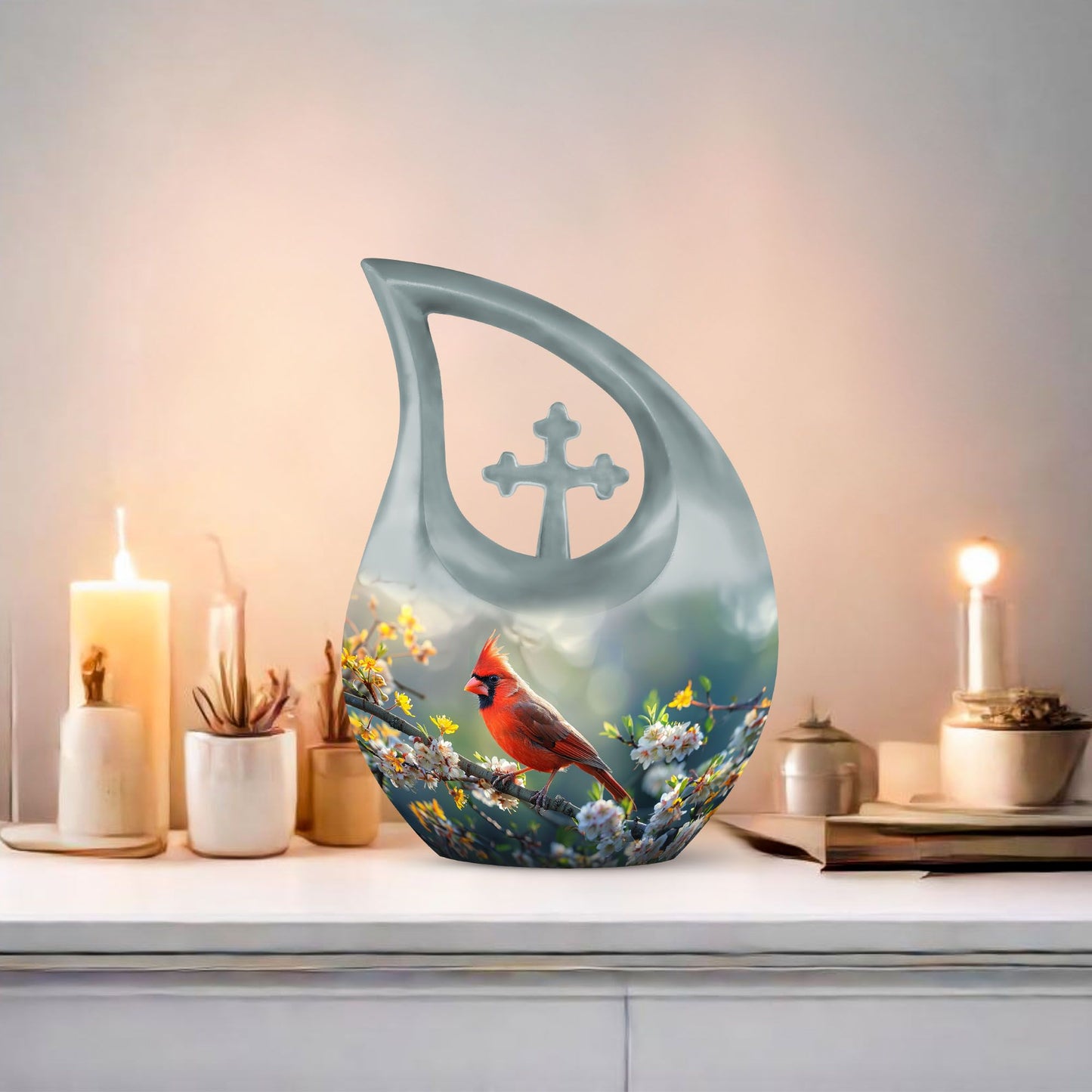 10-inch Cardinal Bird Themed Cross Drop Memorial Urn, 