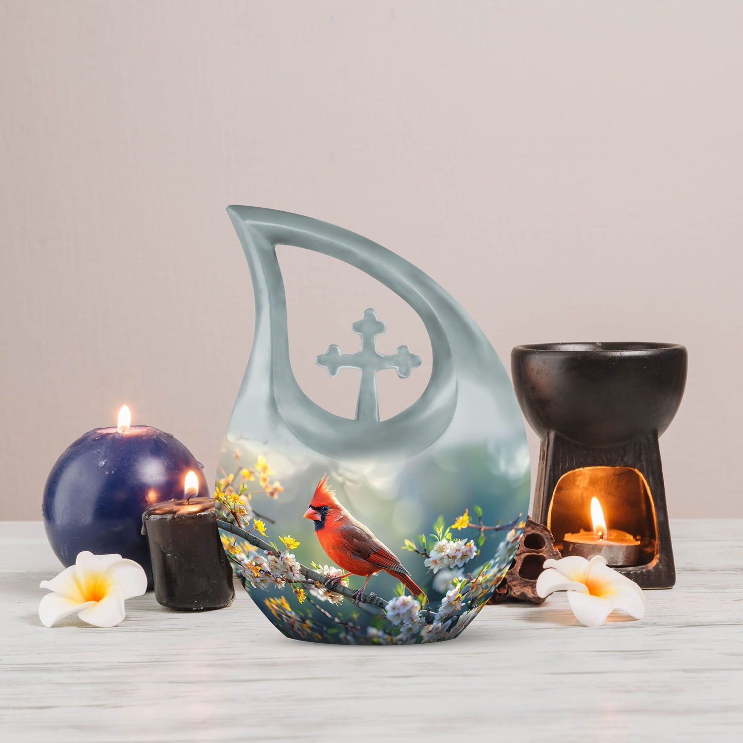 10-inch Cardinal Bird Themed Cross Drop Memorial Urn, 