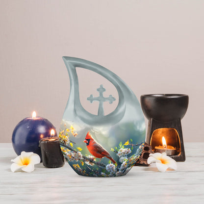 10-inch Cardinal Bird Themed Cross Drop Memorial Urn, 
