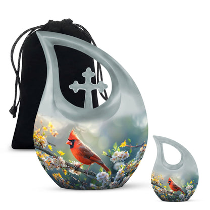 10-inch Cardinal Bird Themed Cross Drop Memorial Urn, 