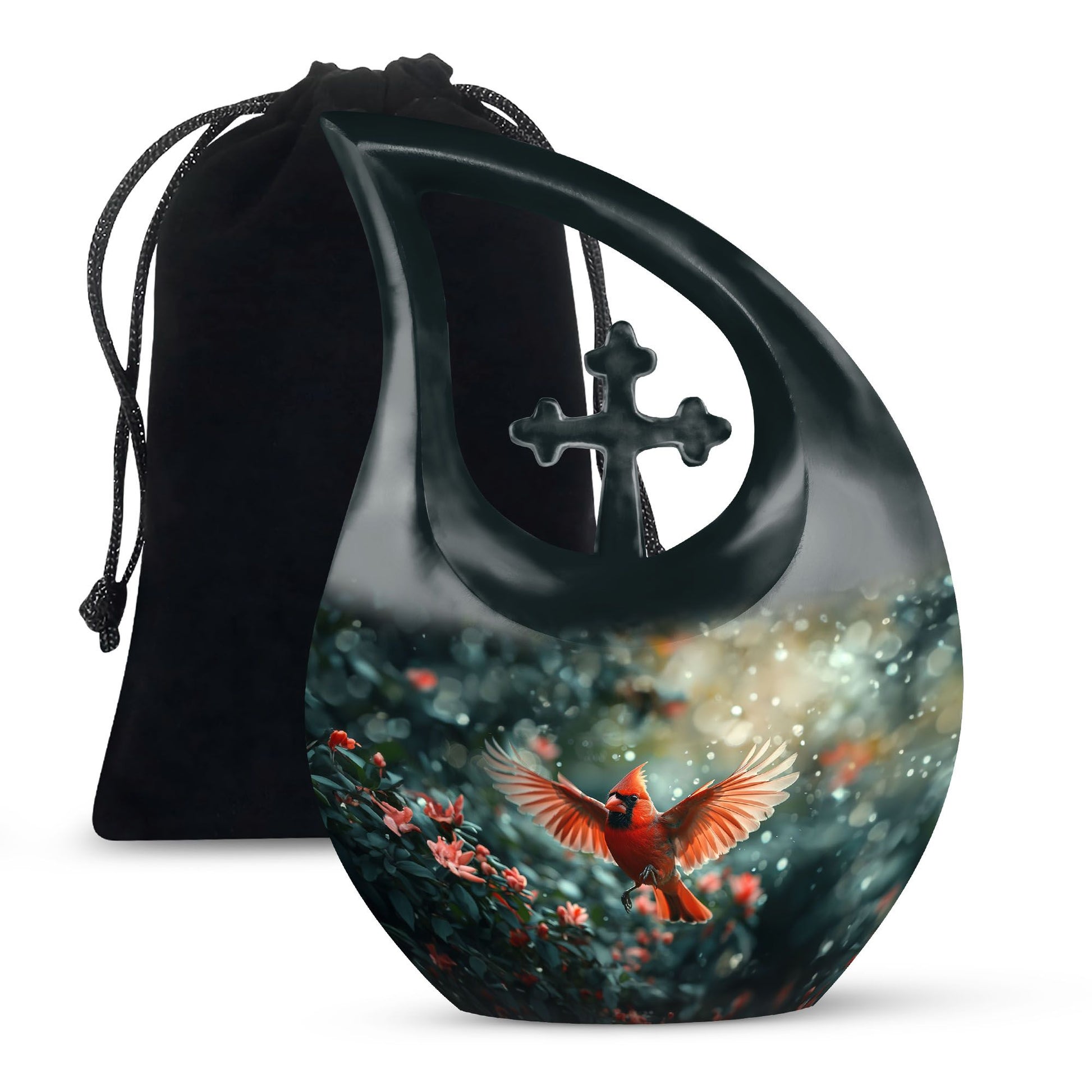 10-inch Cardinal Bird themed Cross Drop memorial urn 