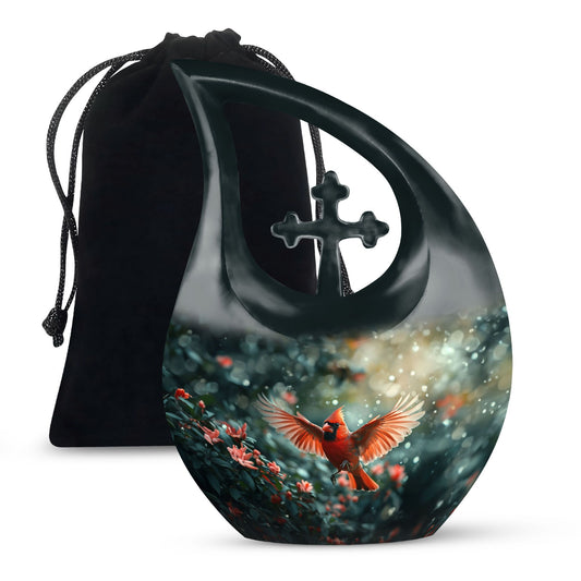 10-inch Cardinal Bird themed Cross Drop memorial urn 