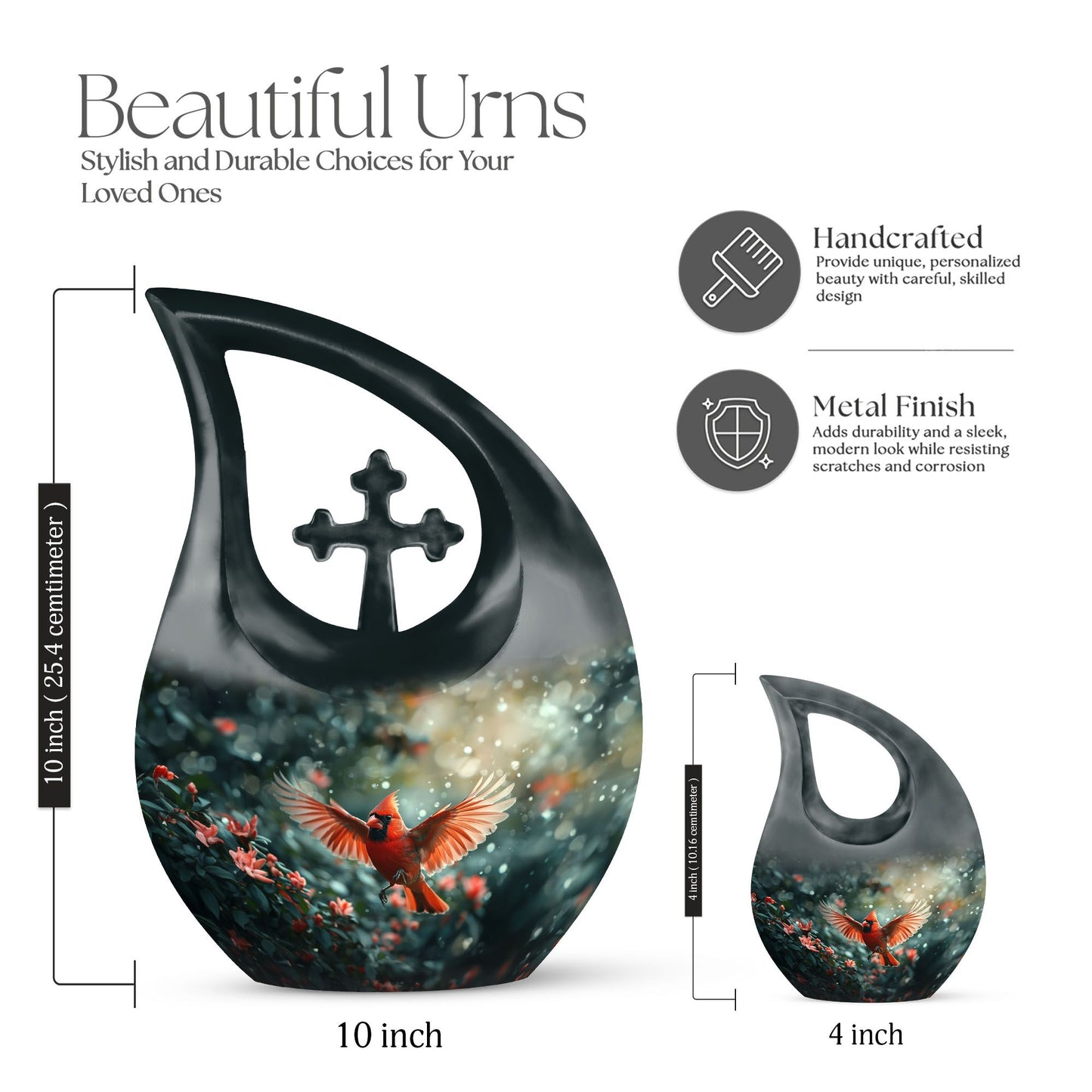 10-inch Cardinal Bird themed Cross Drop memorial urn 