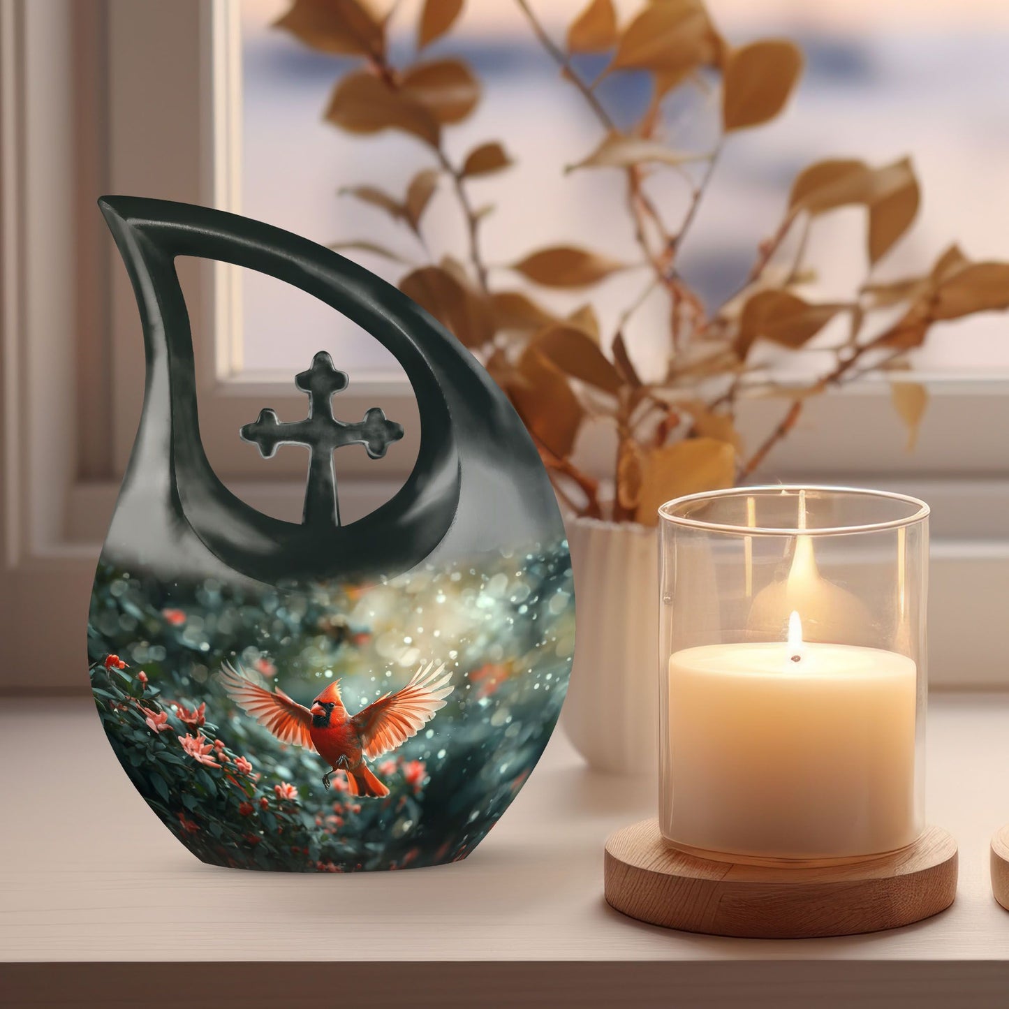 10-inch Cardinal Bird themed Cross Drop memorial urn 