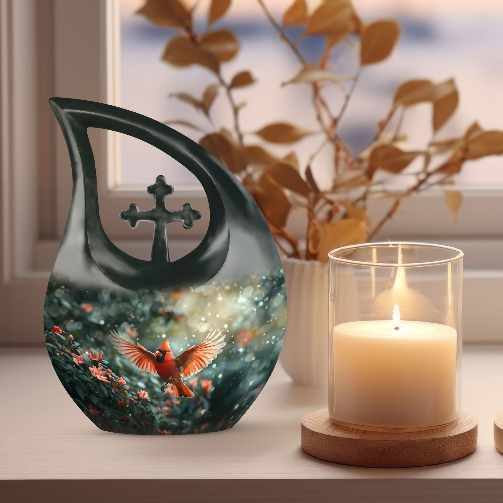 10-inch Cardinal Bird themed Cross Drop memorial urn 