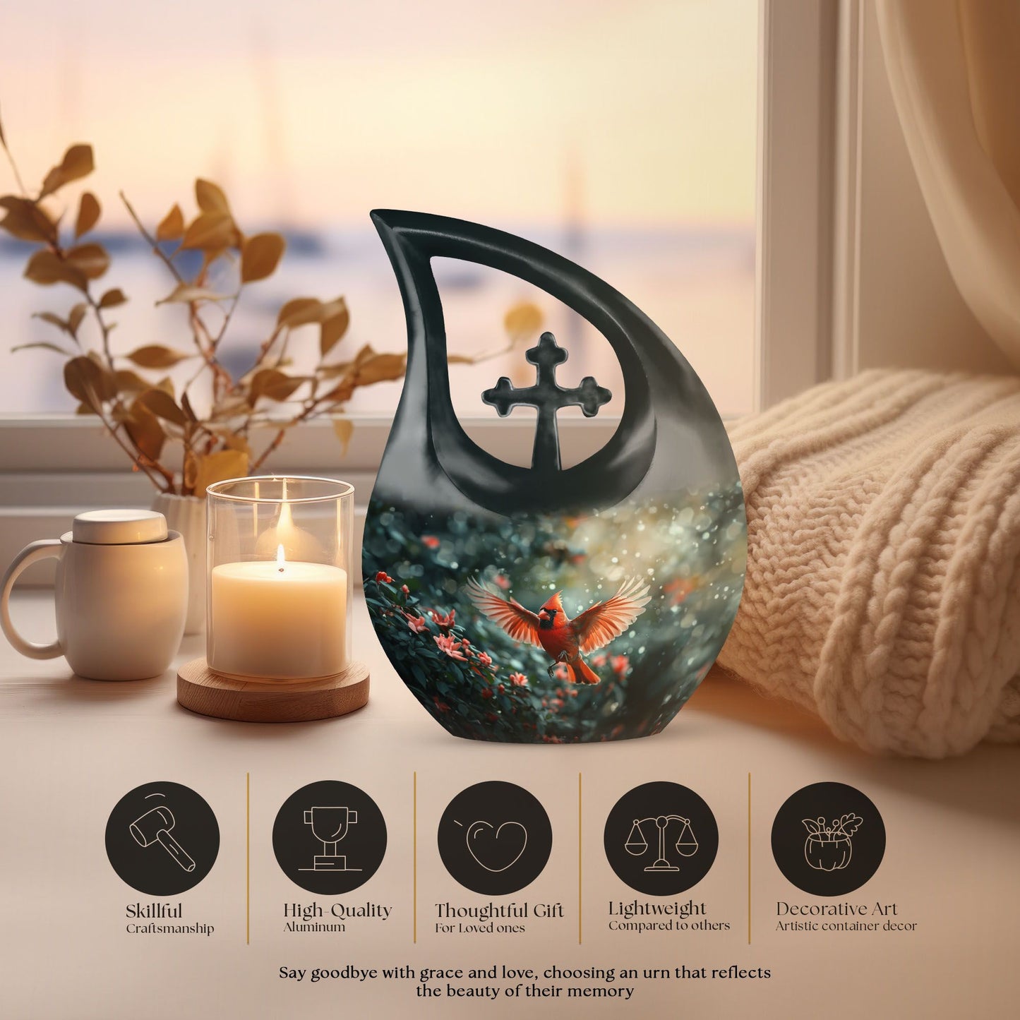10-inch Cardinal Bird themed Cross Drop memorial urn 
