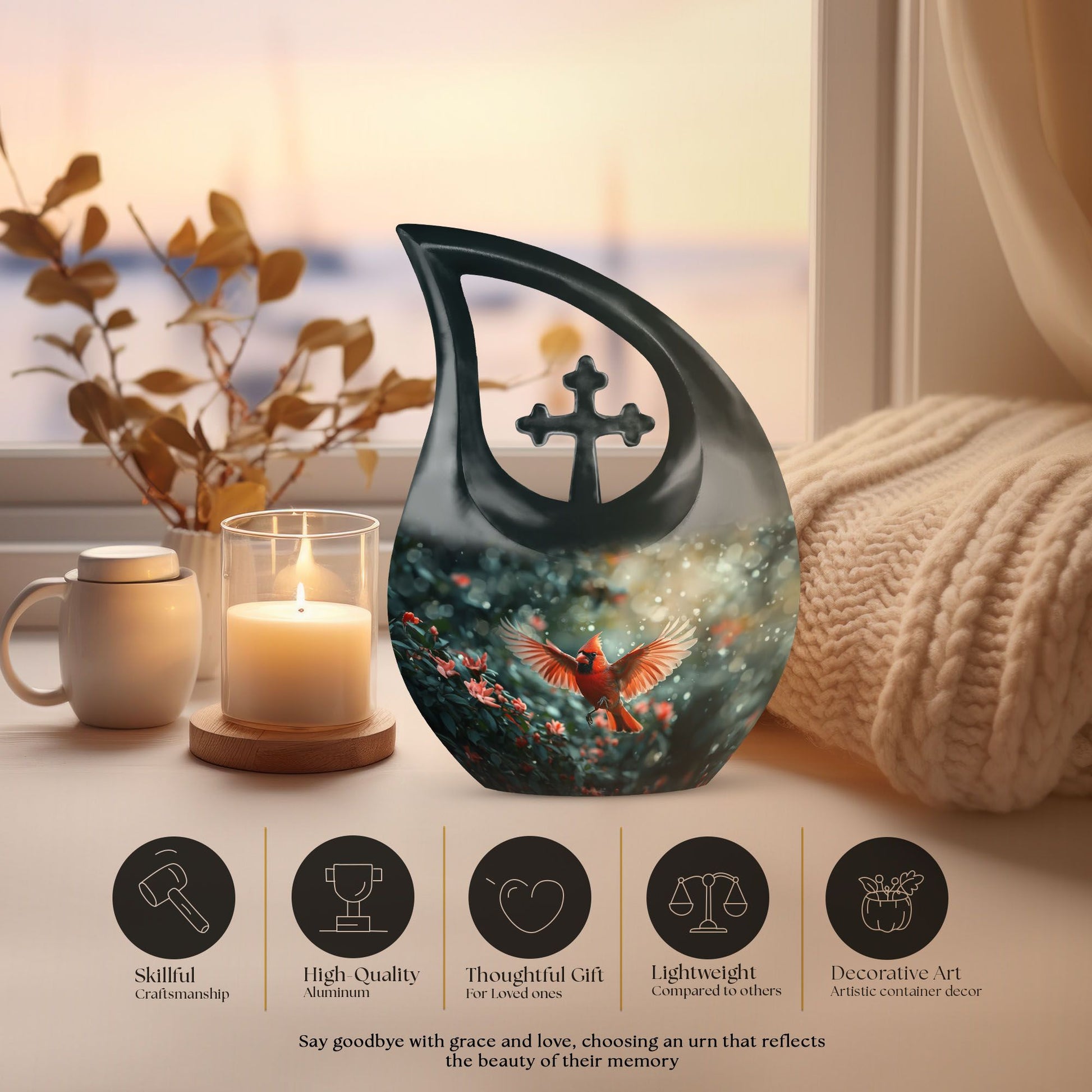 10-inch Cardinal Bird themed Cross Drop memorial urn 