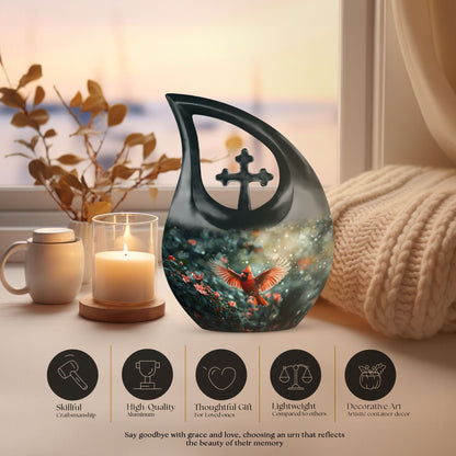 10-inch Cardinal Bird themed Cross Drop memorial urn 