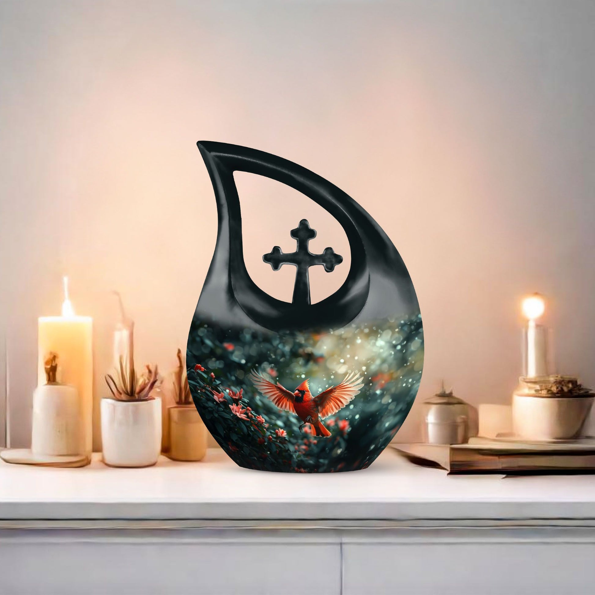 10-inch Cardinal Bird themed Cross Drop memorial urn 